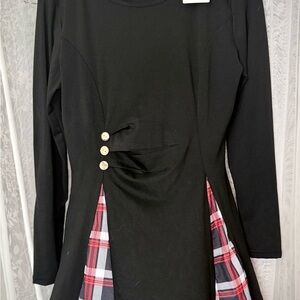 Long Sleeve Black Dress with Plaid Accents
